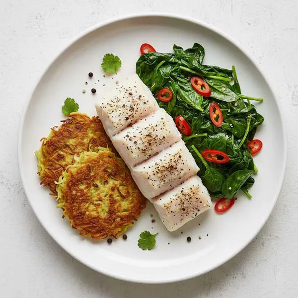 Garlic Pepper Fish With Chilli Basil Spinach And Shredded Broccoli Pattie